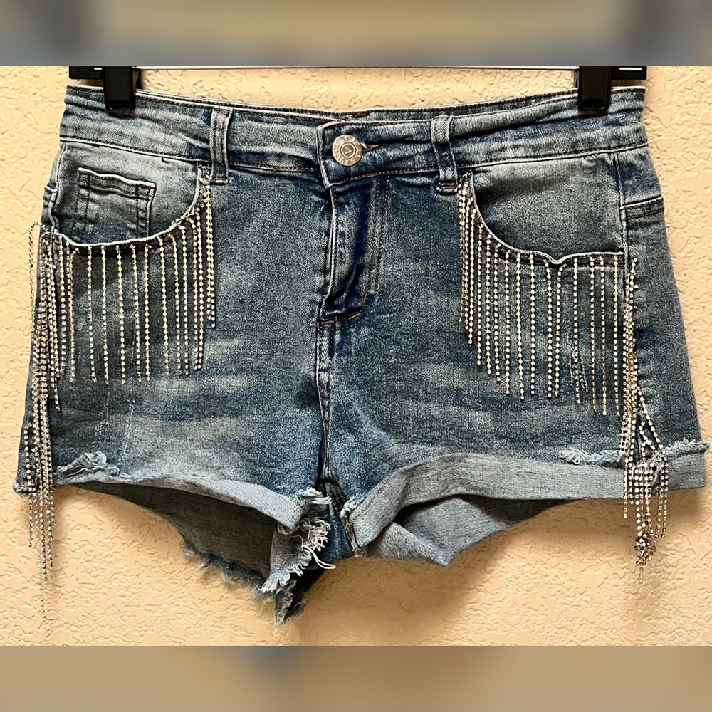Vocal Women's Rhinestones Fringe Denim Shorts Size -Small